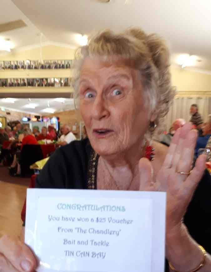 Cherryl was very happy with her raffle prize at Christmas in July - a voucher from The Chandlery Bait &amp; Tackle