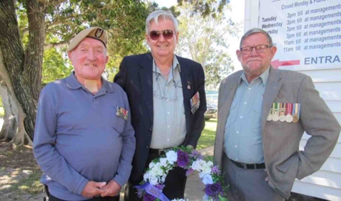 Ray Brown in SASR Beret, Peter Gilfoyle and Tin Can Bay RSL Sub branch President Don Holland at the Vietnam Vietnam's commemo
