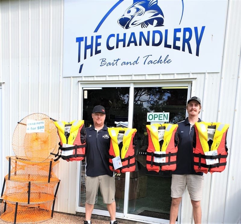 Chris Rippon and Mitchell Cooper from the Chandlery helped supply Sailability with ten new life jackets