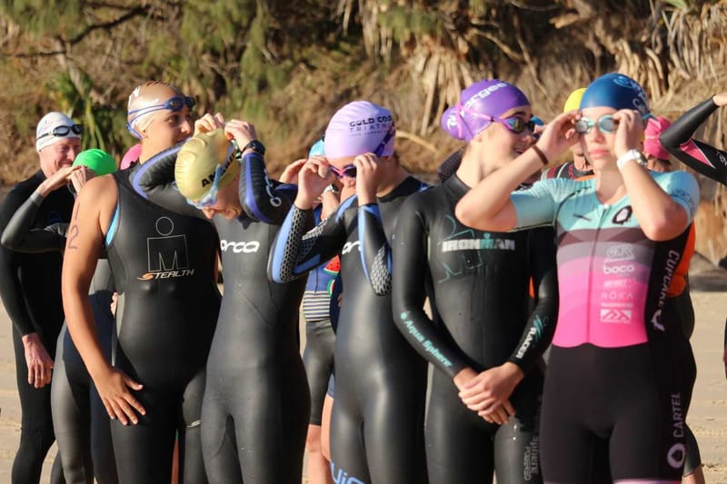 Competitors lining up for the start of the 2019 Triathlon swim leg