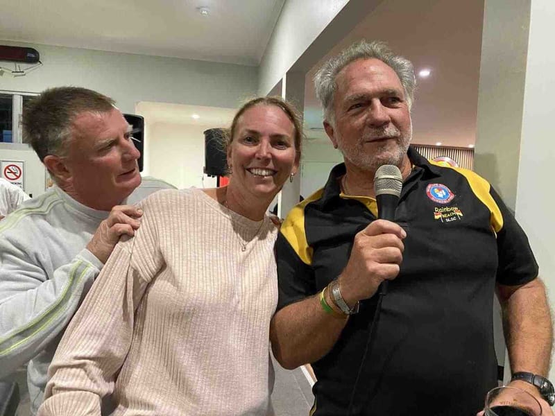 Regular surf club raffle organisers John Greaney, Fiona Worthington with the jackpot winner Ron Organ. Photo: Michelle Gilmor